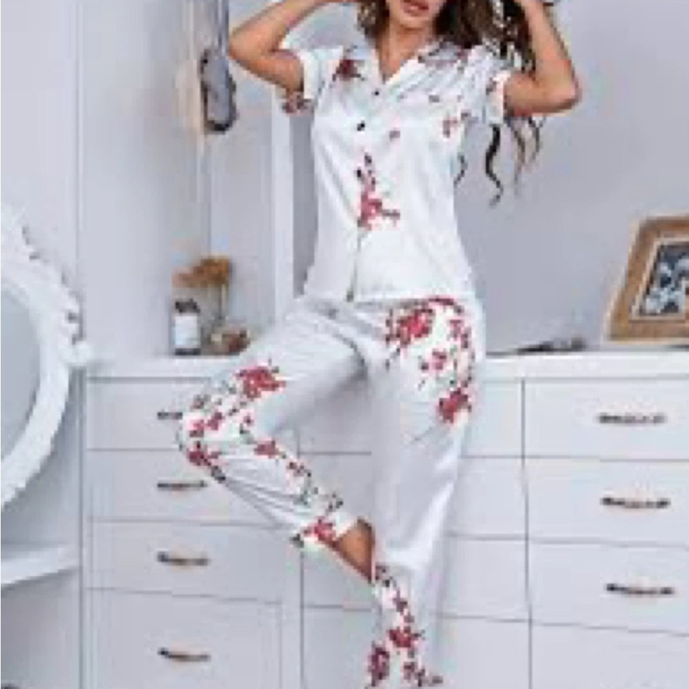 SHEIN White and Red Floral Pajama Set